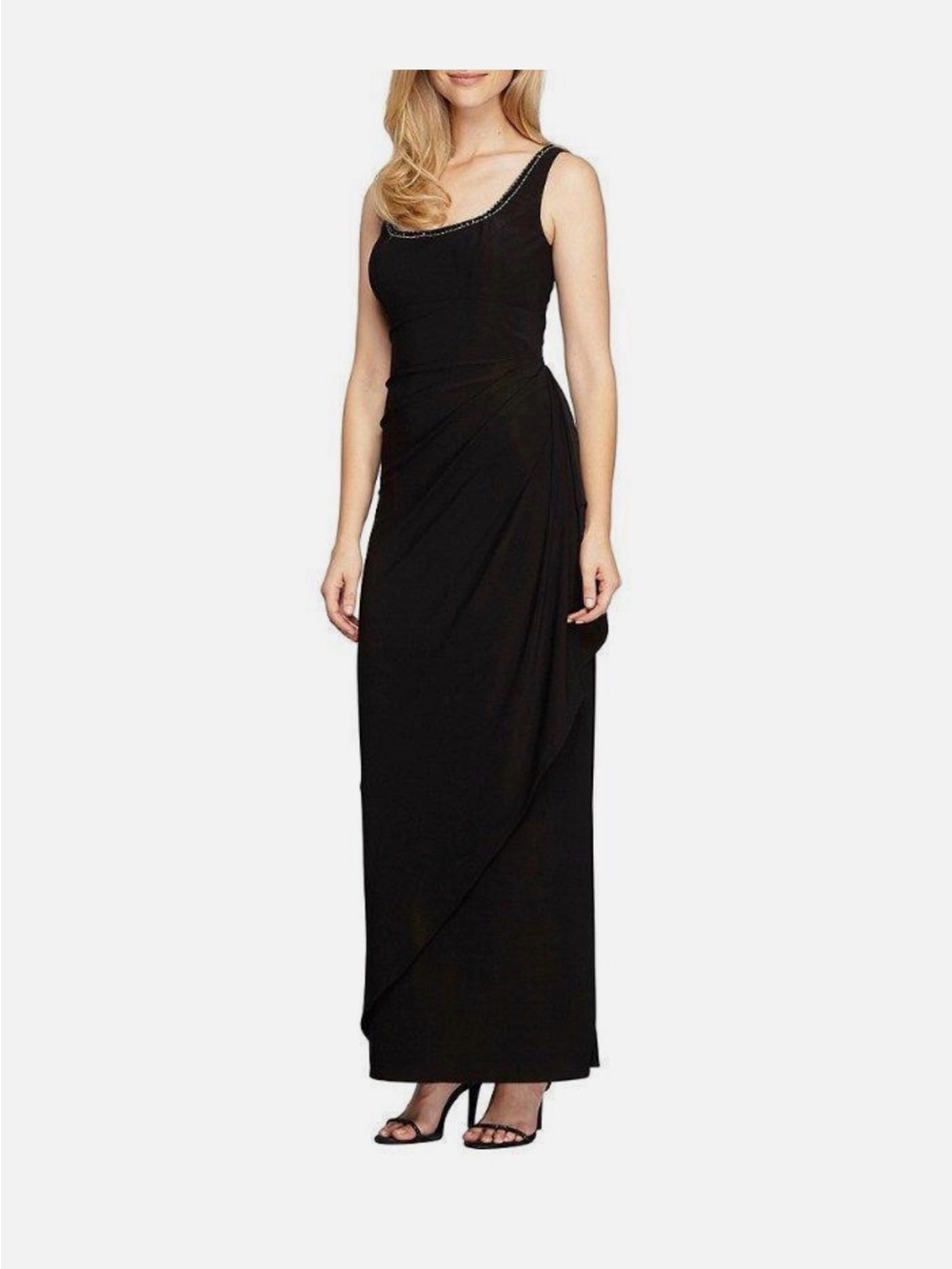 Alex Evenings Black Sleeveless Maxi Gown with Draped Side